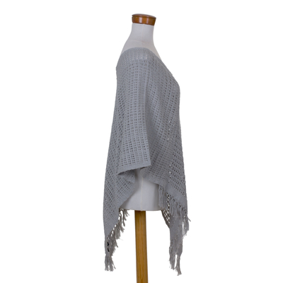 Cotton poncho, 'Grey Lattice' - Natural and Upcycled Cotton Grey Poncho Woven By Hand