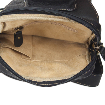 Leather cross-body sling bag, 'Nighttime Hike' - Black Leather Cross Body Sling Bag with 3 Pockets