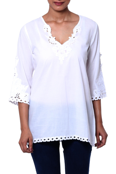 White Cotton Floral Embroidered Three-Quarter Sleeved Tunic - White  Simplicity