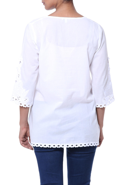 Cotton tunic, 'White Simplicity' - White Cotton Floral Embroidered Three-Quarter Sleeved Tunic