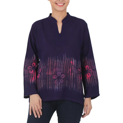 Cotton batik blouse, 'Violet Frangipani' - Long Sleeved Cotton Blouse with Batik Pattern