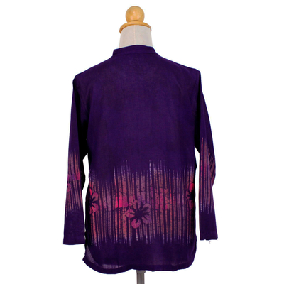 Cotton batik blouse, 'Violet Frangipani' - Long Sleeved Cotton Blouse with Batik Pattern