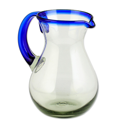 Blown glass pitcher, 'Blue Grace' - Artisan Crafted Pitcher Classic Mexican Handblown Glass