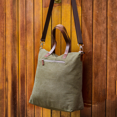 Cotton shoulder bag, 'Journey of Green' - Handcrafted Leather Accent Cotton Tote Handbag