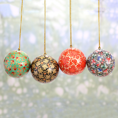 Papier mache ornaments, 'Alluring Baubles' (set of 4) - Set of Four Round Colorful Papier Mache Ornaments from India