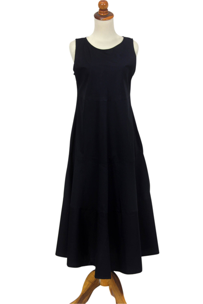 Cotton dress, 'Cool in Black' - Classic Black Sleeveless Midi Cotton Dress from Bali
