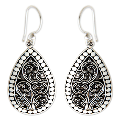 Sterling silver flower earrings, 'Denpasar Mystique' - Balinese Style Sterling Silver Dangle Earrings