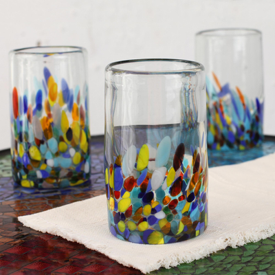 Blown glass tumblers, 'Confetti Festival' (set of 4) - Handblown Recycled Glass Tumbler Drinkware (Set of 4)