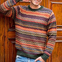 Men's 100% alpaca sweater, 'Andean Homeland' - Multicolor Alpaca Men's Sweater with Forest Green