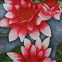 'resplandor alegre' - pintura original de bellas artes de flores de loto rojas