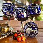 Handblown Recycled Glass Striped Wine Goblets Set of 6, 'Blue Ribbon'