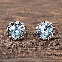 Blue topaz button earrings, 'Peaceful Paradise' - Rhodium Plated Blue Topaz Button Earrings from Thailand