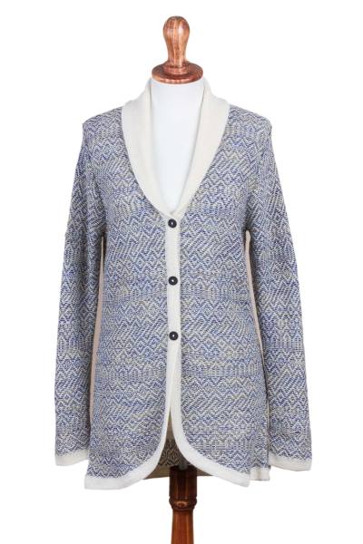 100% alpaca cardigan, 'Textured Andes' - Alpaca Wool Cardigan Prussian Blue Antique White from Peru