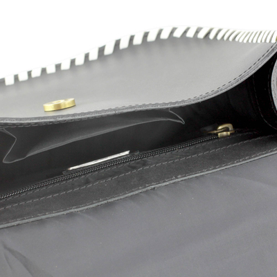 Leather shoulder bag, 'Kanpur Retro' - Black Leather Shoulder Bag with White