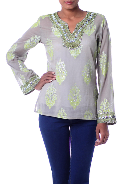 Beaded cotton tunic, 'Jaipur Fascination' - Grey Cotton Tunic with Green and Silver Embellishments