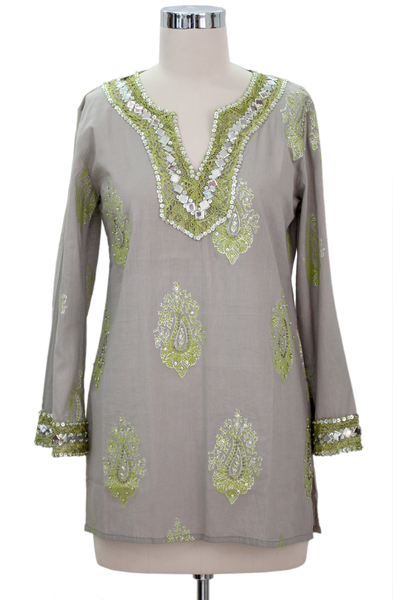 Beaded cotton tunic, 'Jaipur Fascination' - Grey Cotton Tunic with Green and Silver Embellishments