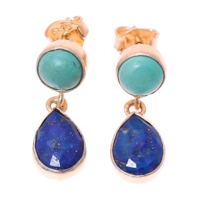 Gold plated lapis lazuli and magnesite dangle earrings, 'Tide Pools' - Lapis Lazuli Gold Plated Sterling Silver Dangle Earrings