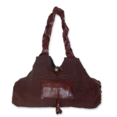 Cotton handbag with leather trim, 'Chocolate Brown' - Leather and Cotton Handbag in Brown
