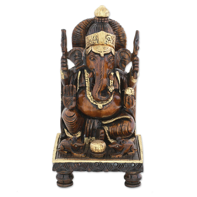 Hand Carved Kadam Wood Ganesha Sculpture with Gold Tone