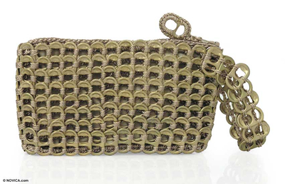 Soda pop-top wristlet bag, 'Golden Hope and Change' - Recycled Soda Pop Top Wristlet from Brazil