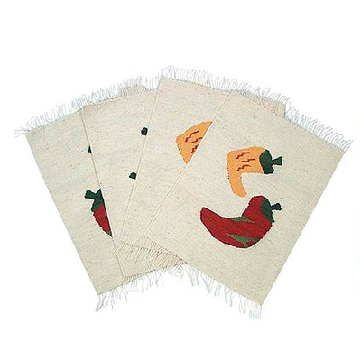 Wool placemats, 'Aji Peppers' (set of 4) - Set of 4 Handwoven Chili Pepper Placemats