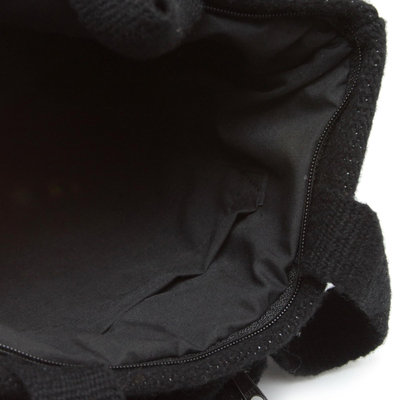 Tragetasche aus Wolle - Blaue Stickblumen auf schwarzer Wolle-Einkaufstasche mit 1 Tasche