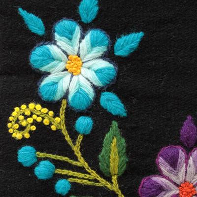 Wool tote bag, 'Sky Bouquet' - Blue Embroidery Flowers on Black Wool Tote Bag with 1 Pocket