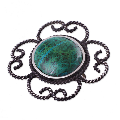 Chrysocolla brooch pin pendant, 'Sea of Tranquility' - Floral Sterling Silver Chrysocolla Brooch Pin