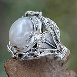 Handcrafted Silver and Pearl Cocktail Ring, 'Nest of Lilies'