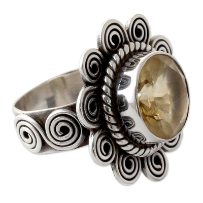 Citrine cocktail ring, 'Indian Sun' - Citrine and Sterling Silver Artisan Crafted Ring