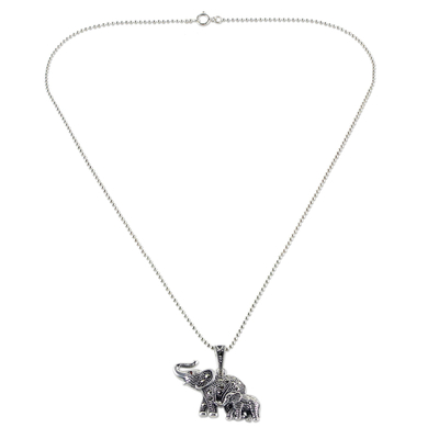 Garnet and marcasite pendant necklace, 'Glistening Elephants' - Garnet and Marcasite Elephant Pendant Necklace from Thailand