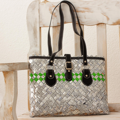 Recycled metalized wrapper and leather accent shoulder bag, 'Eco Elegance' - Eco Shoulder Bag Handmade of Upcycled Metalized Wrappers