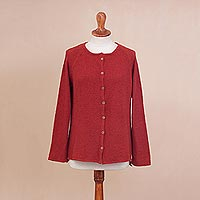 Pima cotton cardigan, 'Warm Grace in Crimson' - Knit Pima Cotton Cardigan in Crimson from Peru