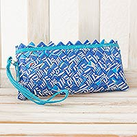 Upcycled metalized wrapper and leather accent wristlet bag, 'Eco Blue' - Shoulder Bag Hand Crafted Upcycled Metalized Wrapper