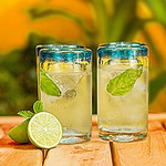 Set of Six Hand-Blown Recycled Juice Glasses from Mexico, 'Sky Blue Halos'