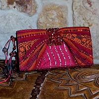 Beaded rayon clutch handbag, 'Atitlan Scarlet' - Beaded rayon clutch handbag