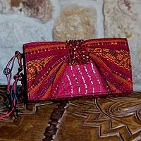 Beaded rayon clutch handbag, 'Atitlan Scarlet' - Beaded rayon clutch handbag