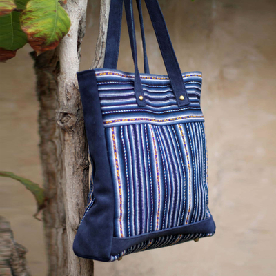 Wool blend and suede accent tote bag, 'Andean Blue' - Wool Striped Tote Handbag from Peru