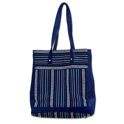 Wool blend and suede accent tote bag, 'Andean Blue' - Wool Striped Tote Handbag from Peru