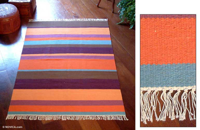 Alfombra de lana, (4x6) - Alfombra moderna de lana a rayas multicolor (4x6)