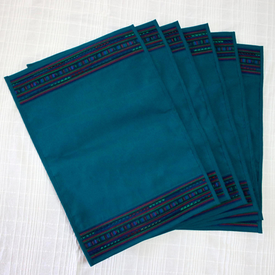 Manteles individuales tejidos a mano (juego de 6) - Seis manteles individuales de las tribus de las colinas tejidos a mano en verde azulado de Tailandia