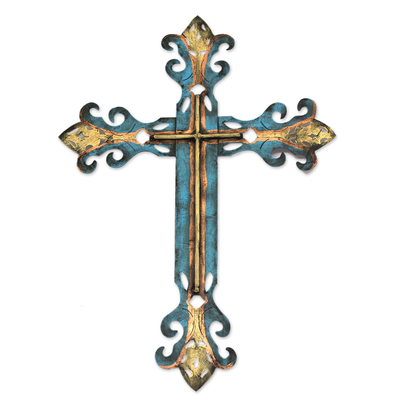 Wandkunst aus Stahl - Handgefertigtes blaues religiöses Kreuz