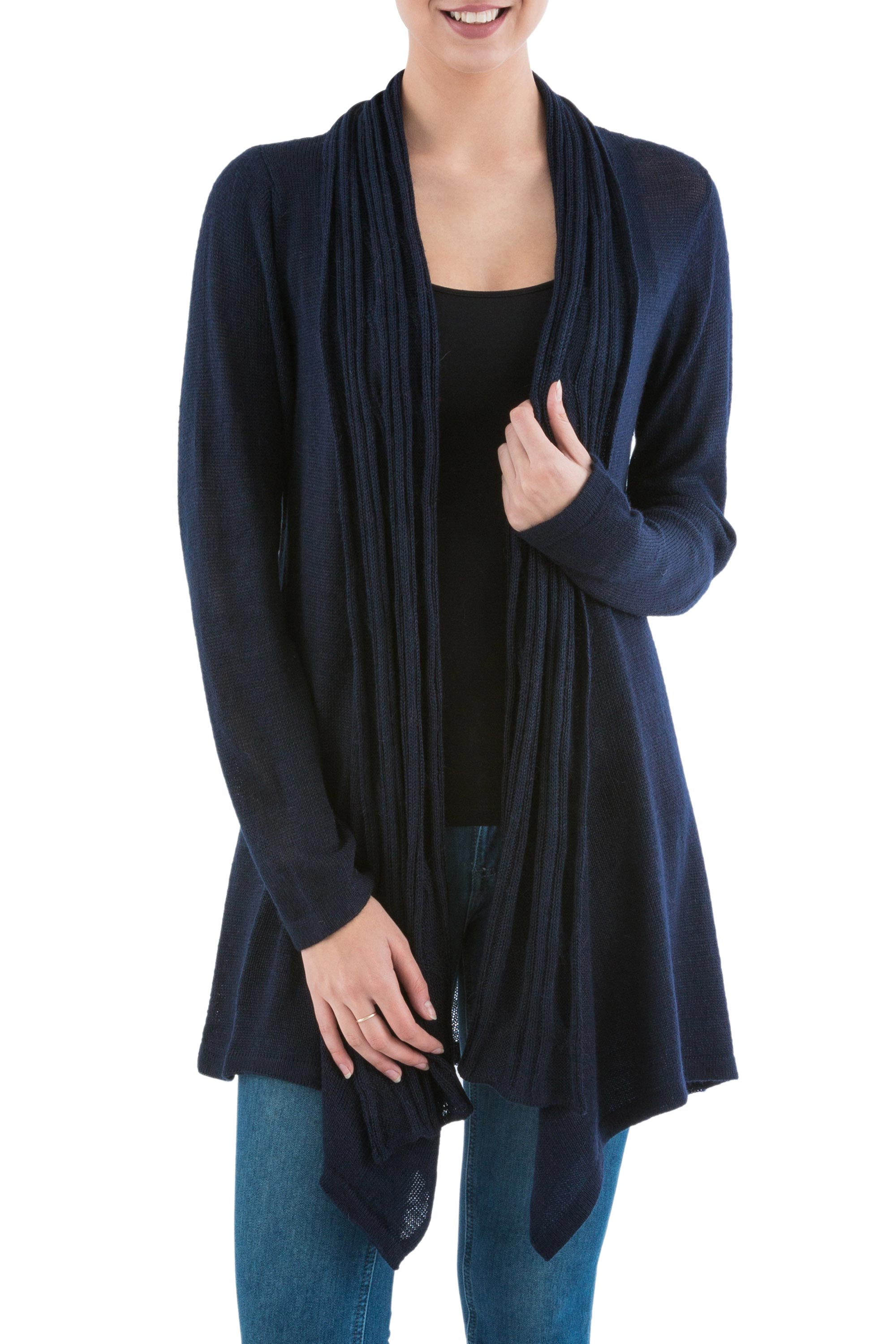 Long Sleeved Navy Blue Cardigan Sweater from Peru - Navy Waterfall ...