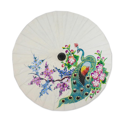 Saa paper parasol, 'Peacock and Flowers' - Floral Paper Parasol from Thailand