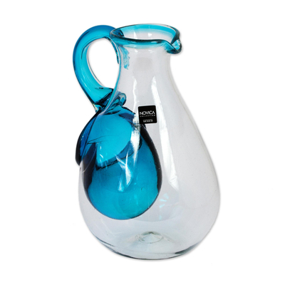 Blown glass pitcher with ice chamber, 'Fresh Caribbean' - Hand Made Blown Glass Pitcher with Ice Chamber