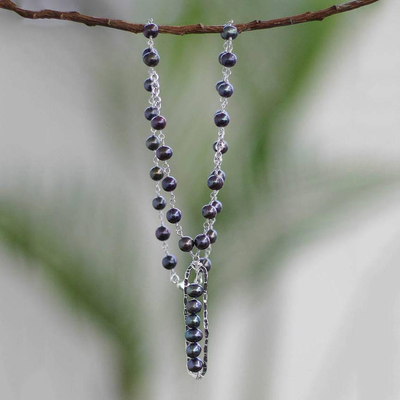 Pearl Y-necklace, 'Iridescent Night' - Black Pearl Y-necklace