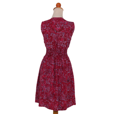 Rayon batik sundress, 'Wine Floral' - Hand Stamped Sleeveless Wine Rayon Dress from Indonesia