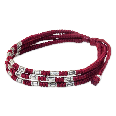 Silver accent wristband bracelet, 'Forest Thicket in Red' - 950 Silver Accent Wristband Braided Bracelet from Thailand