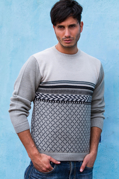 Suéter de hombre 100% alpaca - Jersey tipo pulóver de alpaca gris para hombre