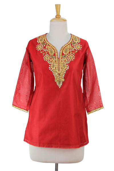 Cotton and silk blend tunic, 'Jaipuri Romance' - Embellished Red Cotton and Silk Tunic with Embroidery
